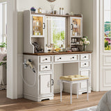 EnHomee Farmhouse Vanity Desk with LED Lighted Mirror, Makeup Vanity Table with RGB Cabinets and Lots Storage, 5 Drawers and 6 Storage Shelves for Bedroom and Dressing Room, White EnHomee