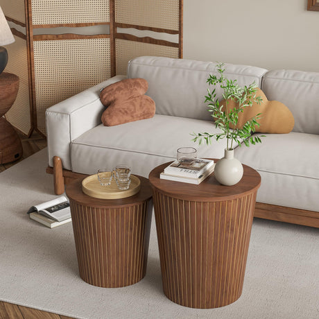 Nesting Coffee Table Set of 2, Round End Table with Storage, Farmhouse Side Table with Removable Wood Tops and Wood Basket Bases for Blanket Storage, Modern Coffee Table for Living Room (Walnut) Lisicues