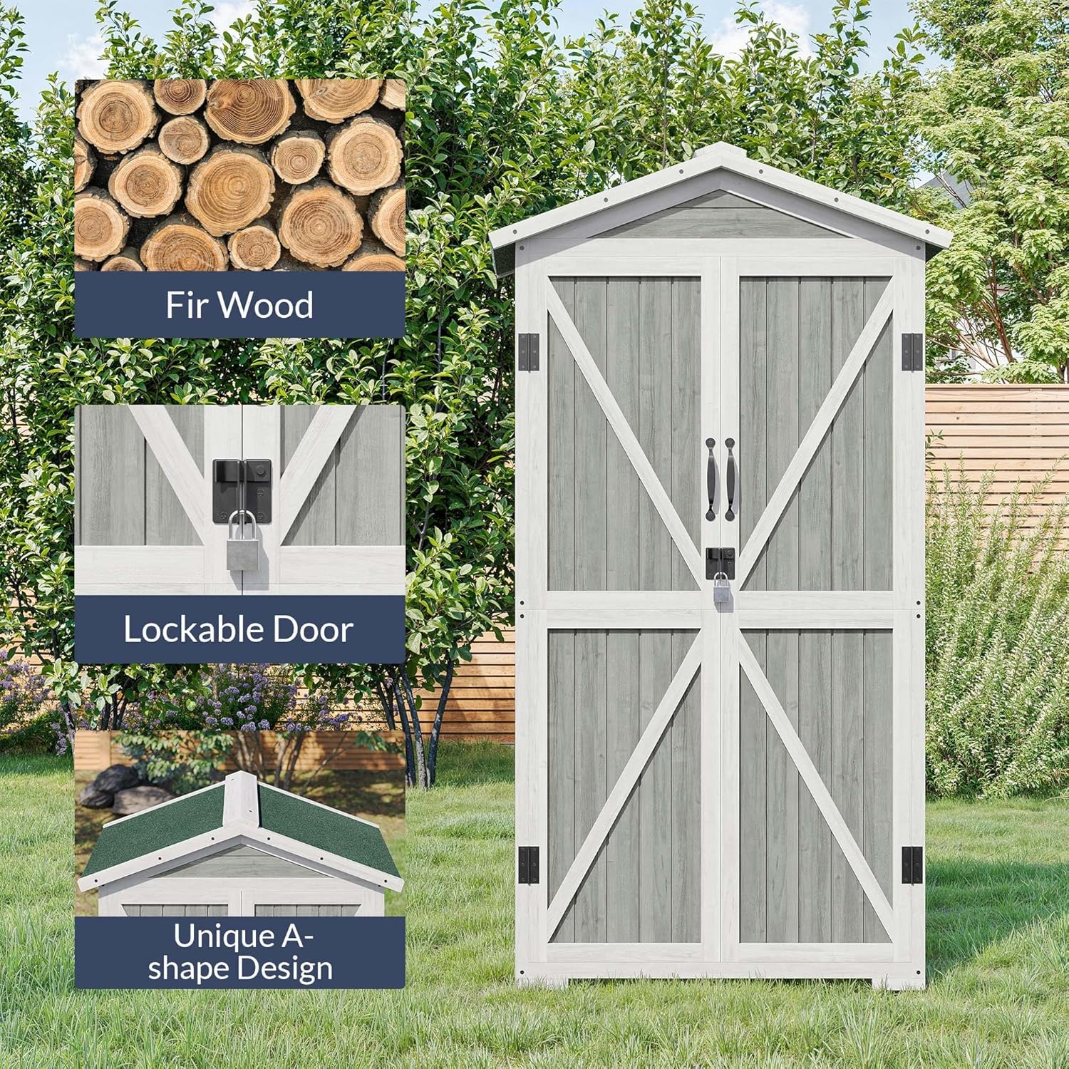 BELLEZE Outdoor Storage Cabinet with 4 Removeable Shelves, Wooden Garden Tall Storage Shed Lockable Tool Storage Cabinet with Waterproof Roof, Outside Tool Shed for Patio Lawn Yard Backyard - - WoodArtSupply