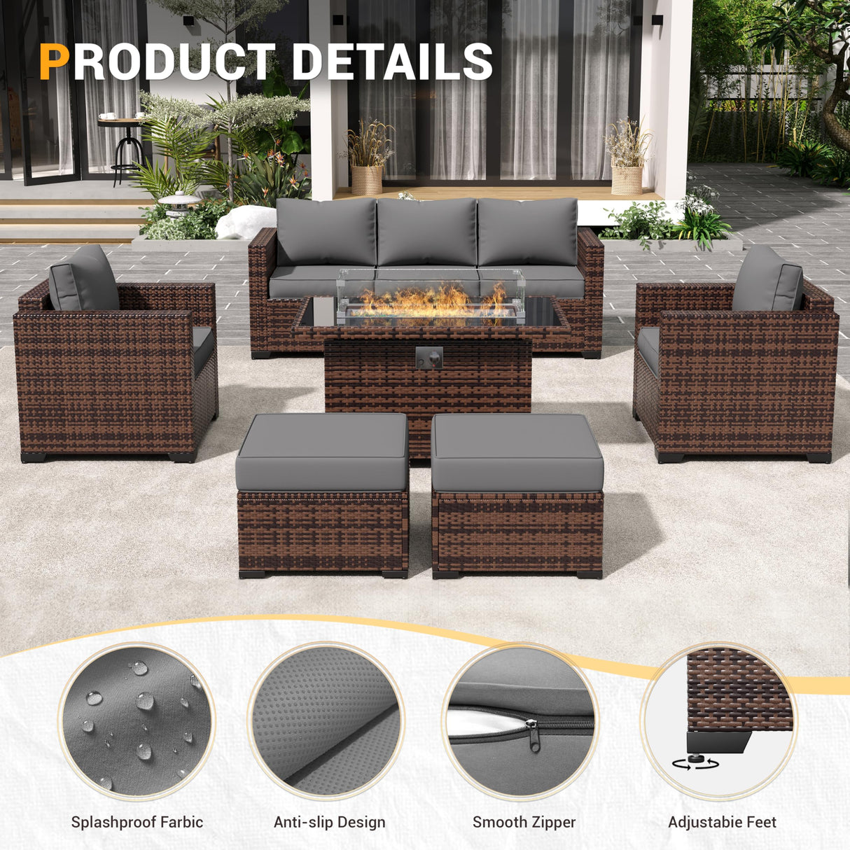 Amopatio Outdoor Patio Furniture Sets, 8 Pieces Wicker Patio Furniture, Outdoor Sectional Patio Couch Set with Ottoman, Outdoor Conversation Set with 44" Gas Fire Pit for Outside (Grey) Amopatio