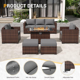 Amopatio Outdoor Patio Furniture Sets, 8 Pieces Wicker Patio Furniture, Outdoor Sectional Patio Couch Set with Ottoman, Outdoor Conversation Set with 44" Gas Fire Pit for Outside (Grey) Amopatio