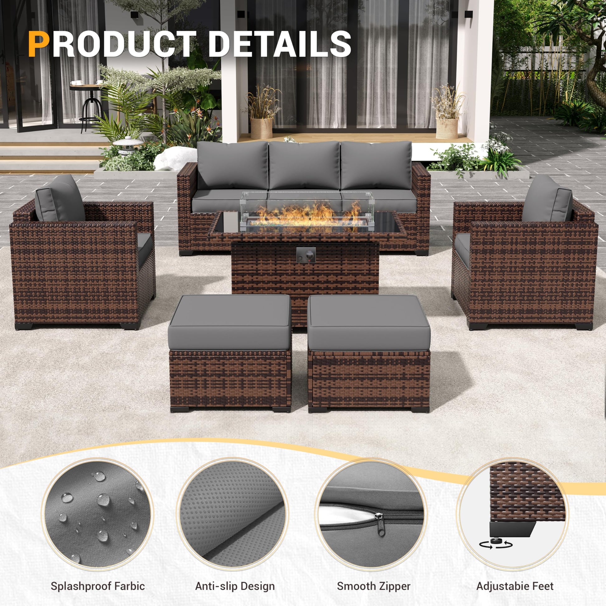 Amopatio Outdoor Patio Furniture Sets, 8 Pieces Wicker Patio Furniture, Outdoor Sectional Patio Couch Set with Ottoman, Outdoor Conversation Set with 44" Gas Fire Pit for Outside (Grey) - WoodArtSupply