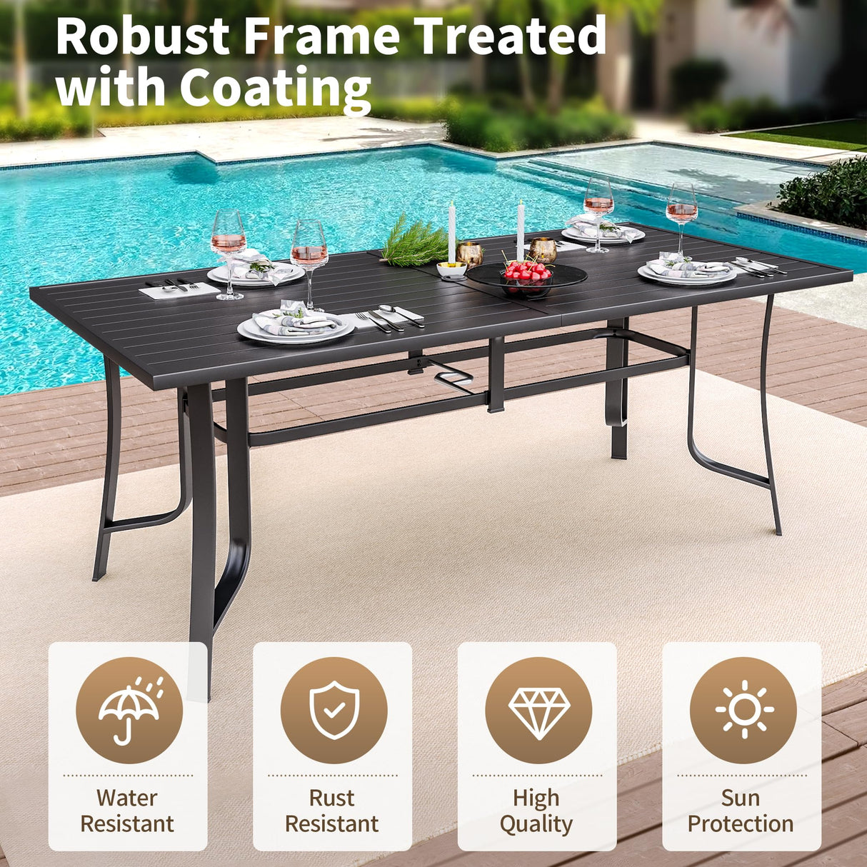 BUPPLEE 9-Piece Outdoor Patio Dining Set with 8 Stackable Dining Chairs, Metal Table with Umbrella Hole, 8-Person Patio Table and Chairs for Backyard, Poolside, Balcony and Garden Blue BUPPLEE