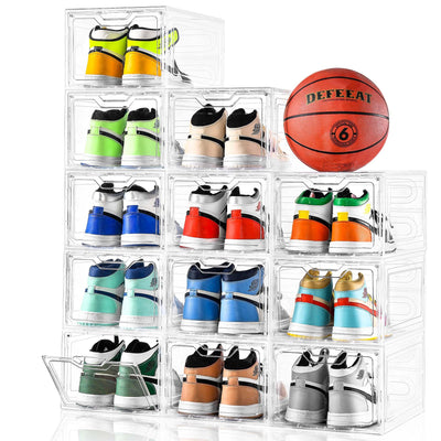 12 Pack Thicken & Sturdy Clear Shoe Storage Organizer with Magnetic Door, Shoe Boxes Clear Plastic Stackable for Closet, Shoe Rack for Sneaker Boot Container, Shoe Cabinet Fit up to US Size 12