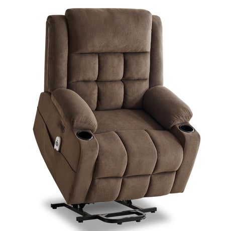 Sfxingyou Power Lift Chair Recliners for Elderly with Heat and Massage, Oversized Recliner Chairs for Adults, Upgraded Fabric Recliner with USB & Type-C Charge Port, Cup Holders, L9911(Brown) Sfxingyou