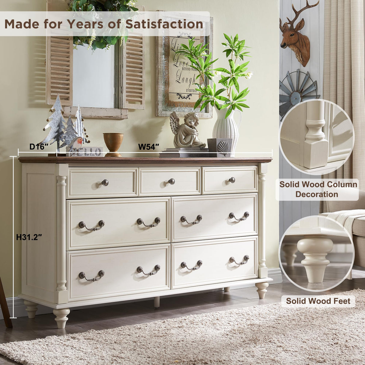 T4TREAM Farmhouse 7 Drawers Dresser Chests for Bedroom w/ 4 Solid Wood Feet & Column Decor, Tall Wide Wood Country Rustic Chest of Drawers, Storage Dressers for Bedroom, Living Room, Antique White T4TREAM