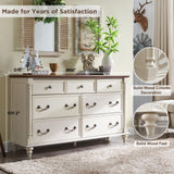 T4TREAM Farmhouse 7 Drawers Dresser Chests for Bedroom w/ 4 Solid Wood Feet & Column Decor, Tall Wide Wood Country Rustic Chest of Drawers, Storage Dressers for Bedroom, Living Room, Antique White T4TREAM