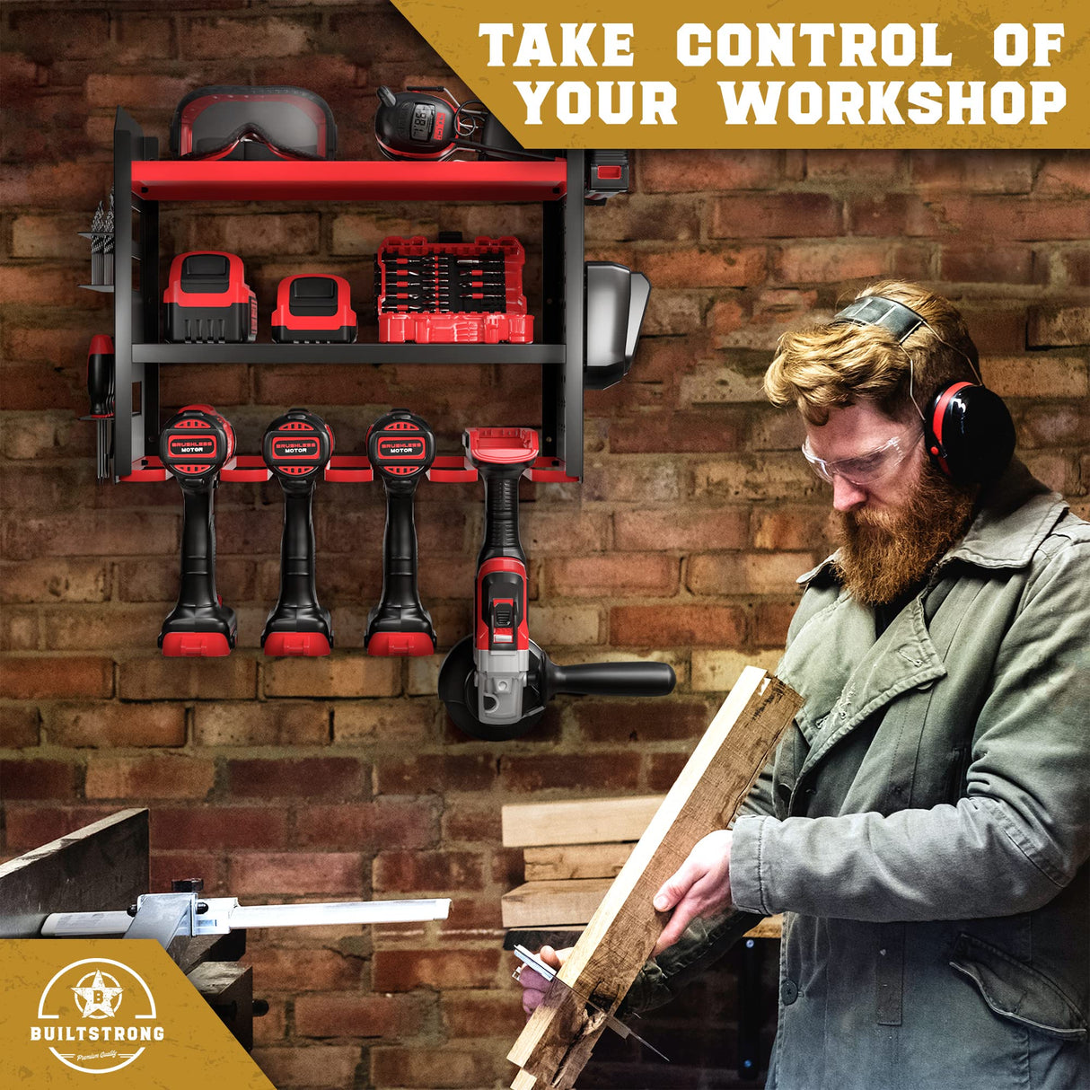 BUILTSTRONG Power Tool Organizer Wall Mount - 3-Tier Heavy-Duty Metal Hand Tool Storage Rack, Utility Racks, Drill Holder, PegBoard Side, & More - Garage Storage Cordless Tool Organizer (Red) BUILTSTRONG