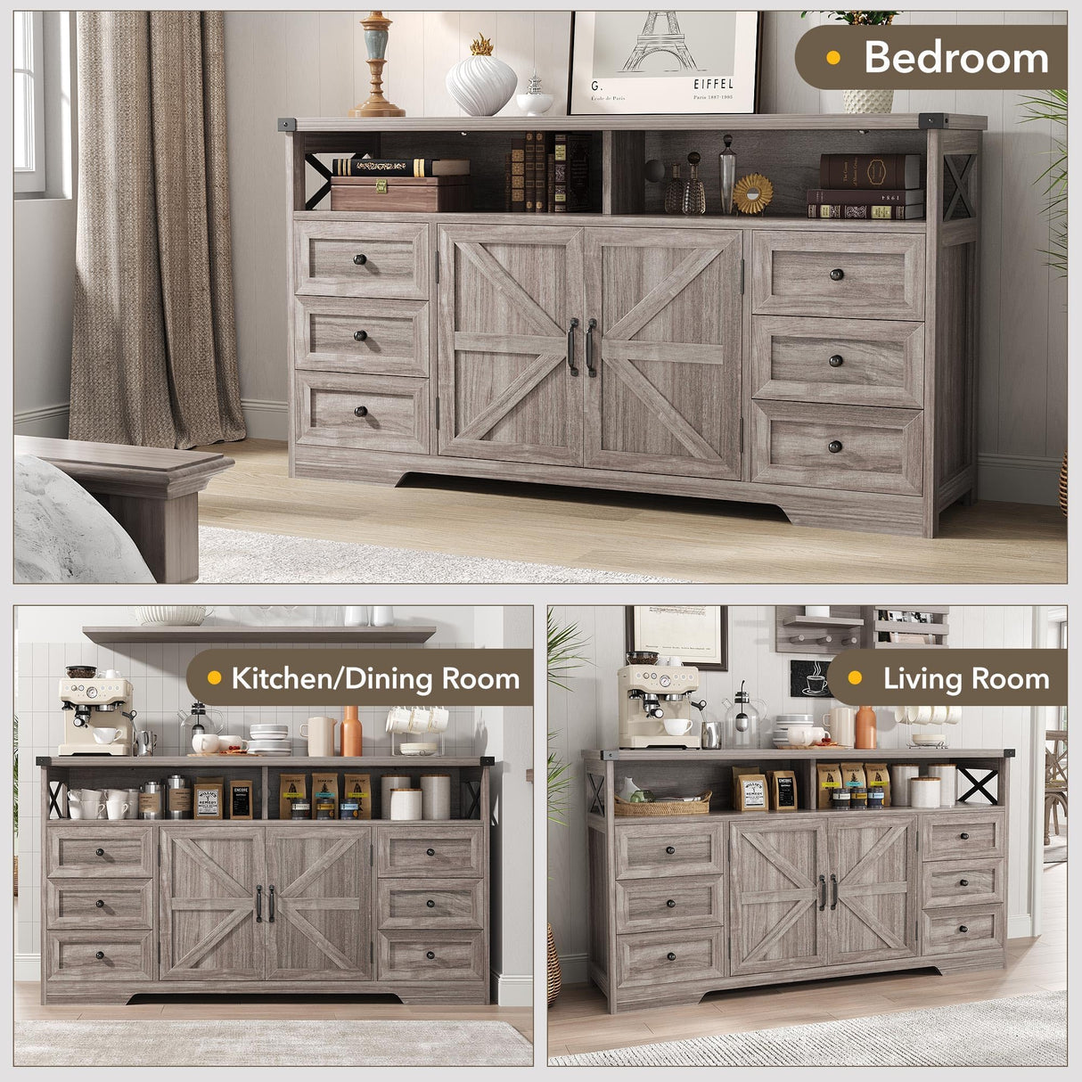 Maupvit 59" Buffet Cabinet with Storage, Farmhouse Sideboard Cabinet with 6 Drawers and Open Shelves, Adjustable Shelf, Large Coffee Bar Station Table for Kitchen, Dining, Living Room, Grey Maupvit