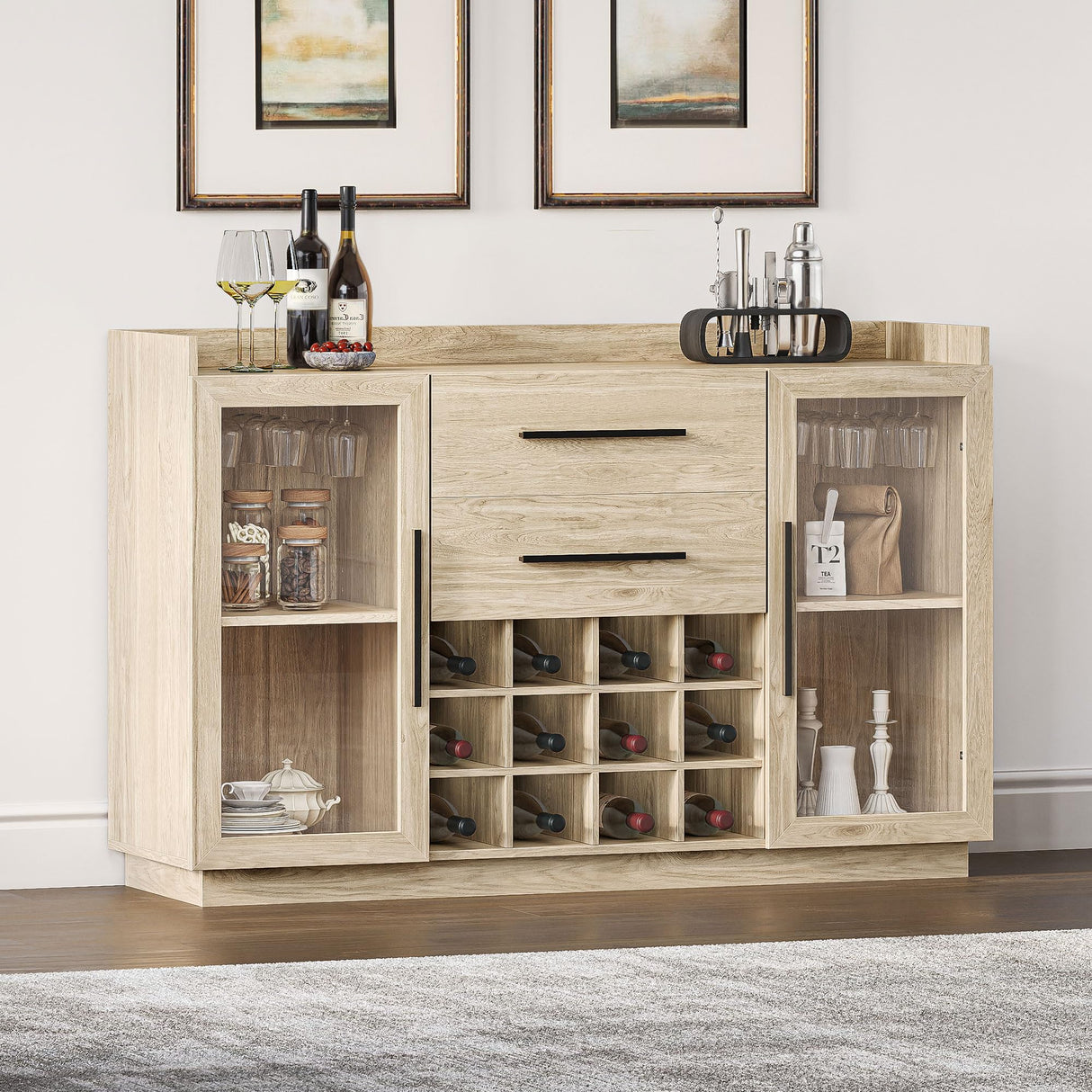 BELLEZE 55" Wine Cabinet, Sideboard Buffet with Wine Rack and Glass Holder, Home Coffee Bar Freestanding Liquor Cabinet with Display Glass Doors for Living Room, Dining Room - Marcel (White Lotus) BELLEZE