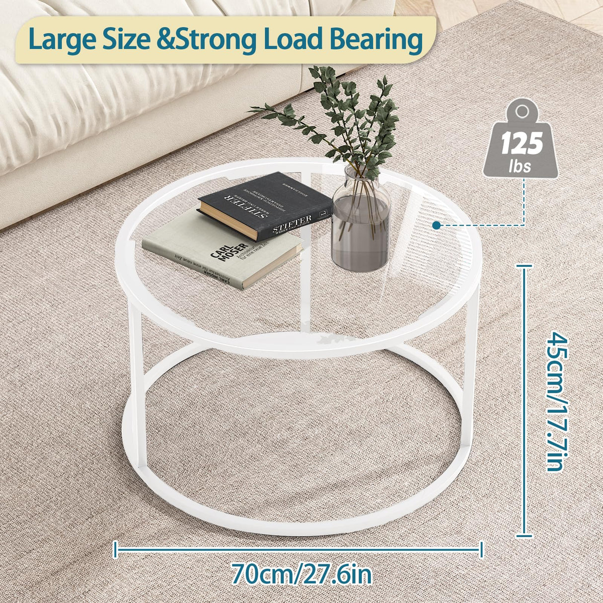 Round Glass Coffee Table for Living Room,Minimalist Modern Center Table with Metal Frame for Small Space,Easy Assembly,27 x 27In, White Easy Paws