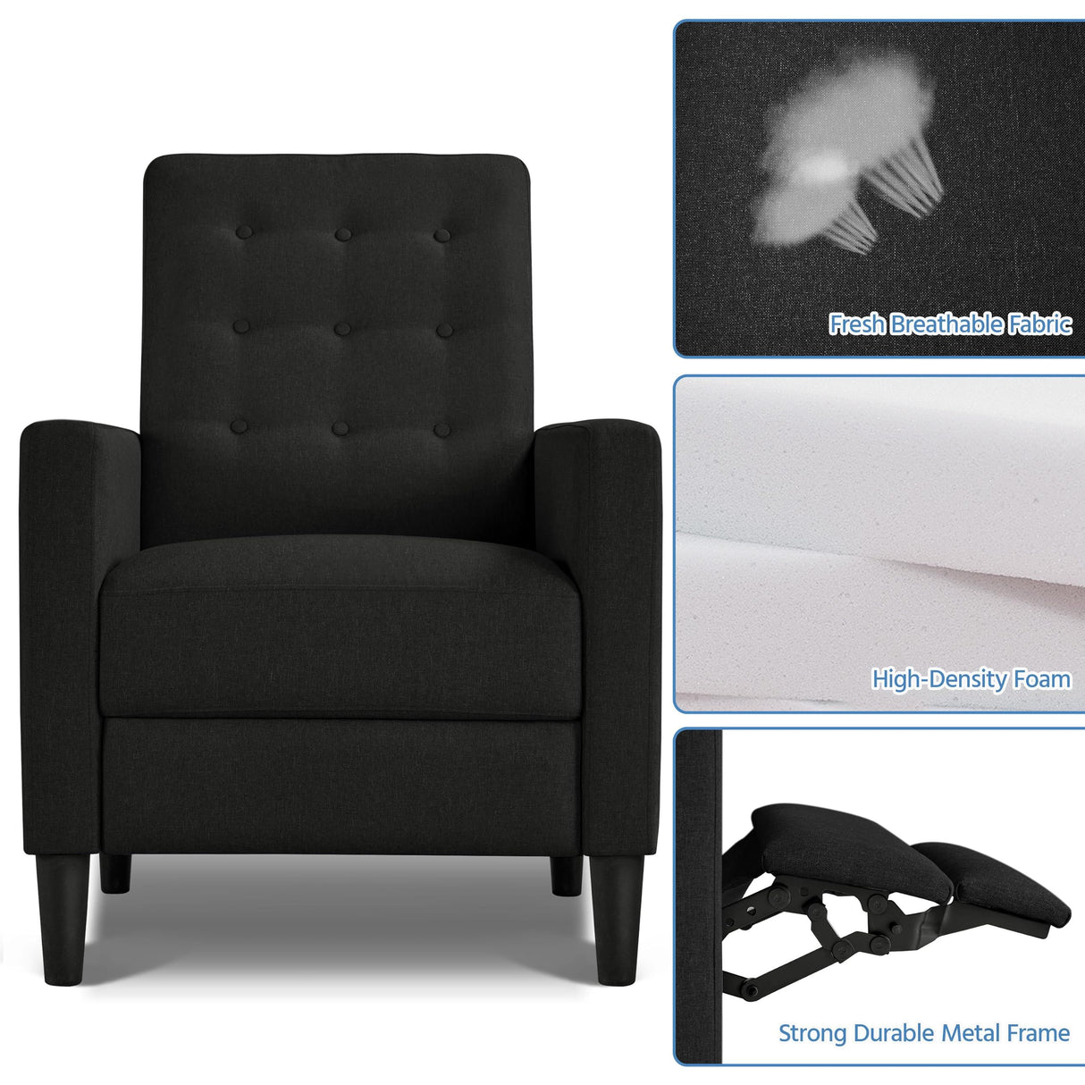 Yaheetech Fabric Recliner Chair Mid-Century Modern Recliner Adjustable Single Recliner Sofa with Thicker Seat Cushion Tufted Upholstered Sofa with Pocket Spring for Living Room Bedroom Black Yaheetech