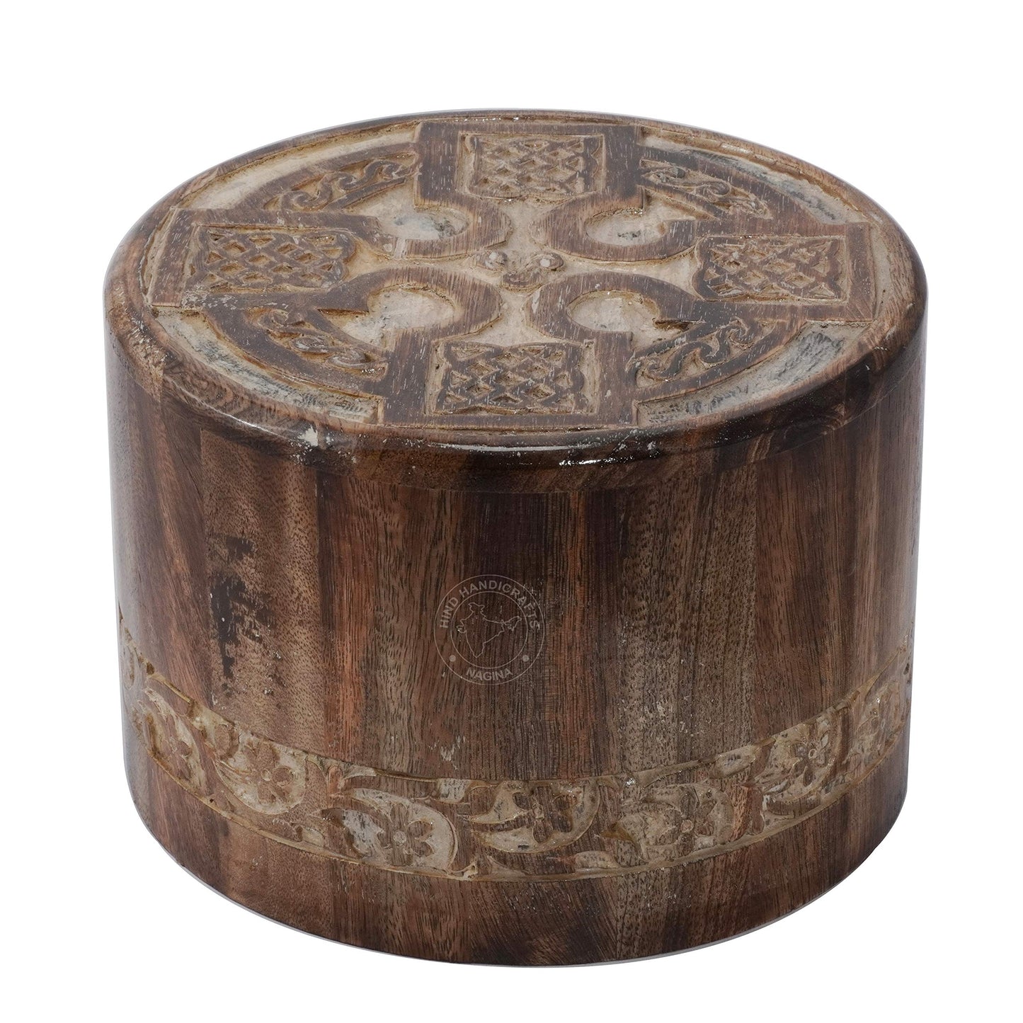 HIND HANDICRAFTS Round Wooden Engraved Urns for Human Ashes Adult - Wooden Box Rosewood Cremation Urns for Ashes - Burial Urns - Funeral Urns Large - WoodArtSupply