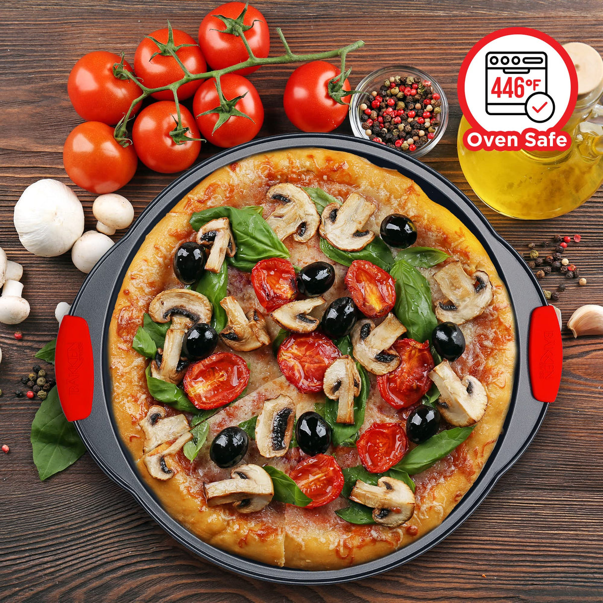 Pizza Tray – 2 Round with Silicone Handles – Carbon Steel Pizza Pan with Holes and Non-Stick Coating – PFOA PFOS and PTFE Free by Bakken BAKKENMASTER