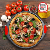 Pizza Tray – 2 Round with Silicone Handles – Carbon Steel Pizza Pan with Holes and Non-Stick Coating – PFOA PFOS and PTFE Free by Bakken BAKKENMASTER