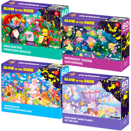 QUOKKA 4x60 Piece Puzzles for Kids Ages 4-6 – Glow-in-The-Dark Puzzles for Kids 4-8 I Unicorns, Mermaids, Fairy Tale I Fun Educational Toddler Puzzles for Boys and Girls – Educational Game Toys Gift QUOKKA