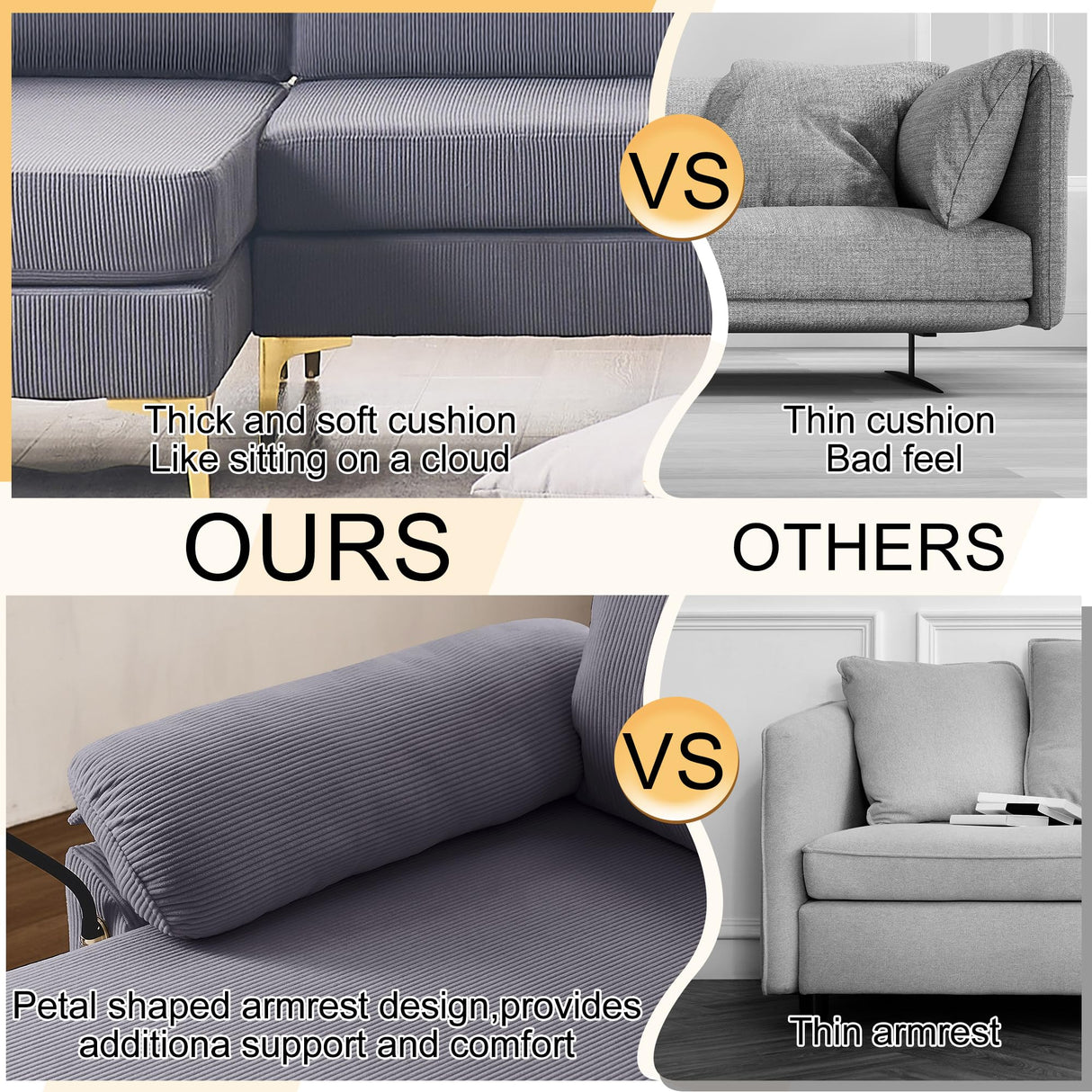 UPHYB 114” U-Shaped Sectional Sofa Couch,Corduroy Convertible 4 Seater Sofa Set with Chaise Lounge,Ottoman and Detachable Phone Holder,Comfy L Couch for Living Room,Bed Room and Apartment(Grey) UPHYB