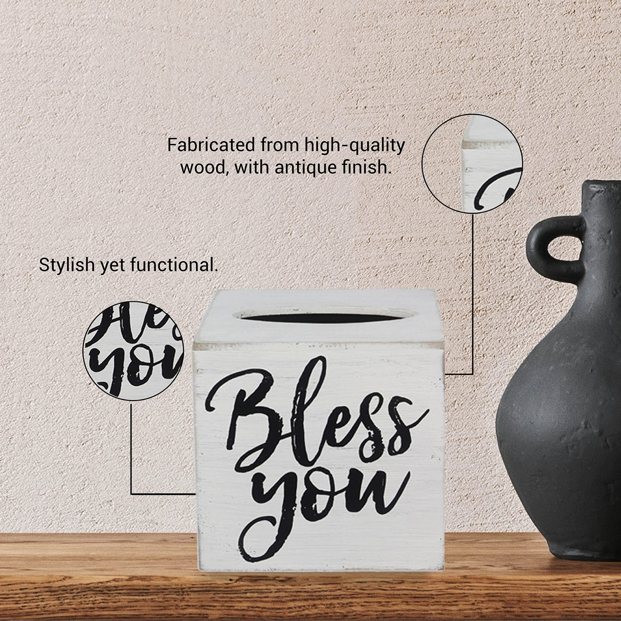 Young's Inc. Wood Bless You Tissue Box Cover - Tissue Holder for Farmhouse Bathroom Decor - Charming Rustic Bathroom Decor - 6" L x 6" W x 6" H Young's Inc