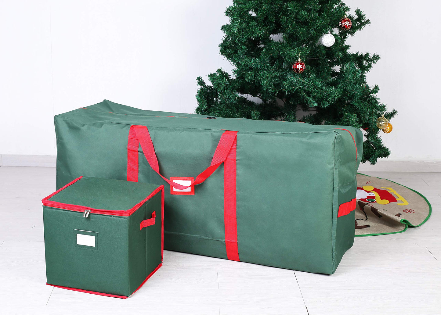 Joiedomi 48" Christmas Tree Storage Bag & 64-Slot Ornament Storage Set, Fits Up to 7.5 ft Disassembled Artificial Christmas Tree, Durable Oxford Material with Carry Handles, Zippered Closure (Green)