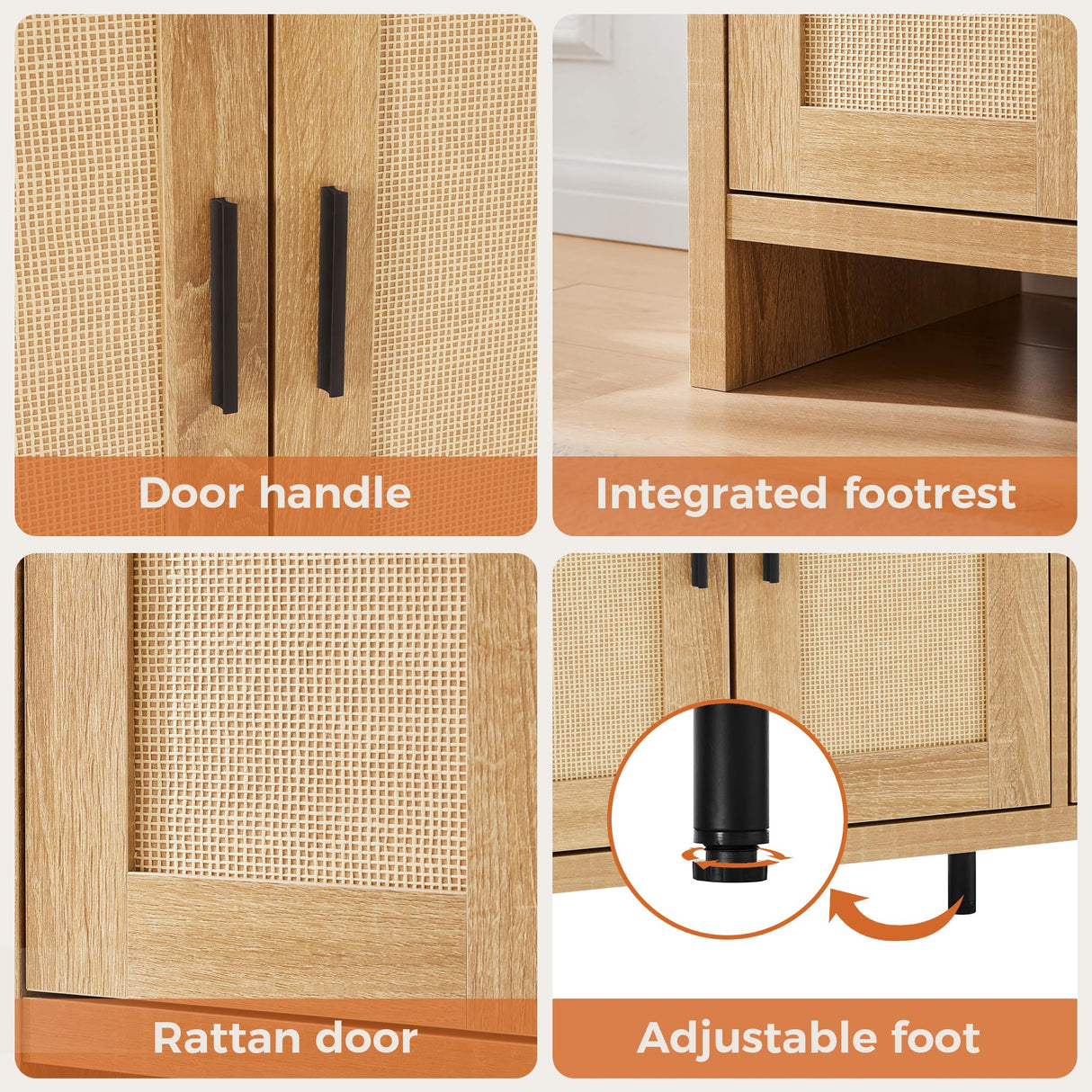 Mericonia Rattan Buffet Cabinet with Storage, Sideboard Cabinet with Doors and Adjustable Shelves, Farmhouse Coffee Bar Station Table, Modern Wood Cupboard for Kitchen, Livingroom and Dining Room Mericonia