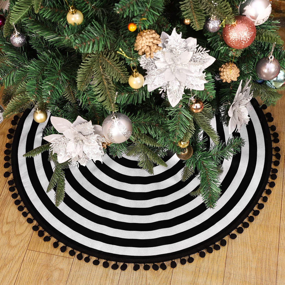 MACTING Christmas Black and White Tree Skirt, 30 Inch Annual Rings Tree Mat with Pom Poms for Xmas Tree Halloween Indoor Home Holiday Party Christmas Decorations MACTING