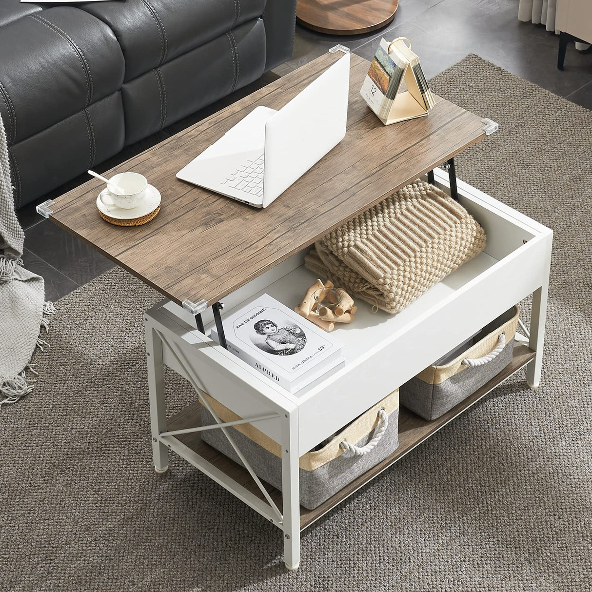 VINGLI 36" Lift Top Coffee Table with Free Cloth Storage Bins, White Walnut Framhouse Coffee Table for Living Room, Small Modern Coffee Table for Small Space in Minimalistic Style, Dark Walnut VINGLI