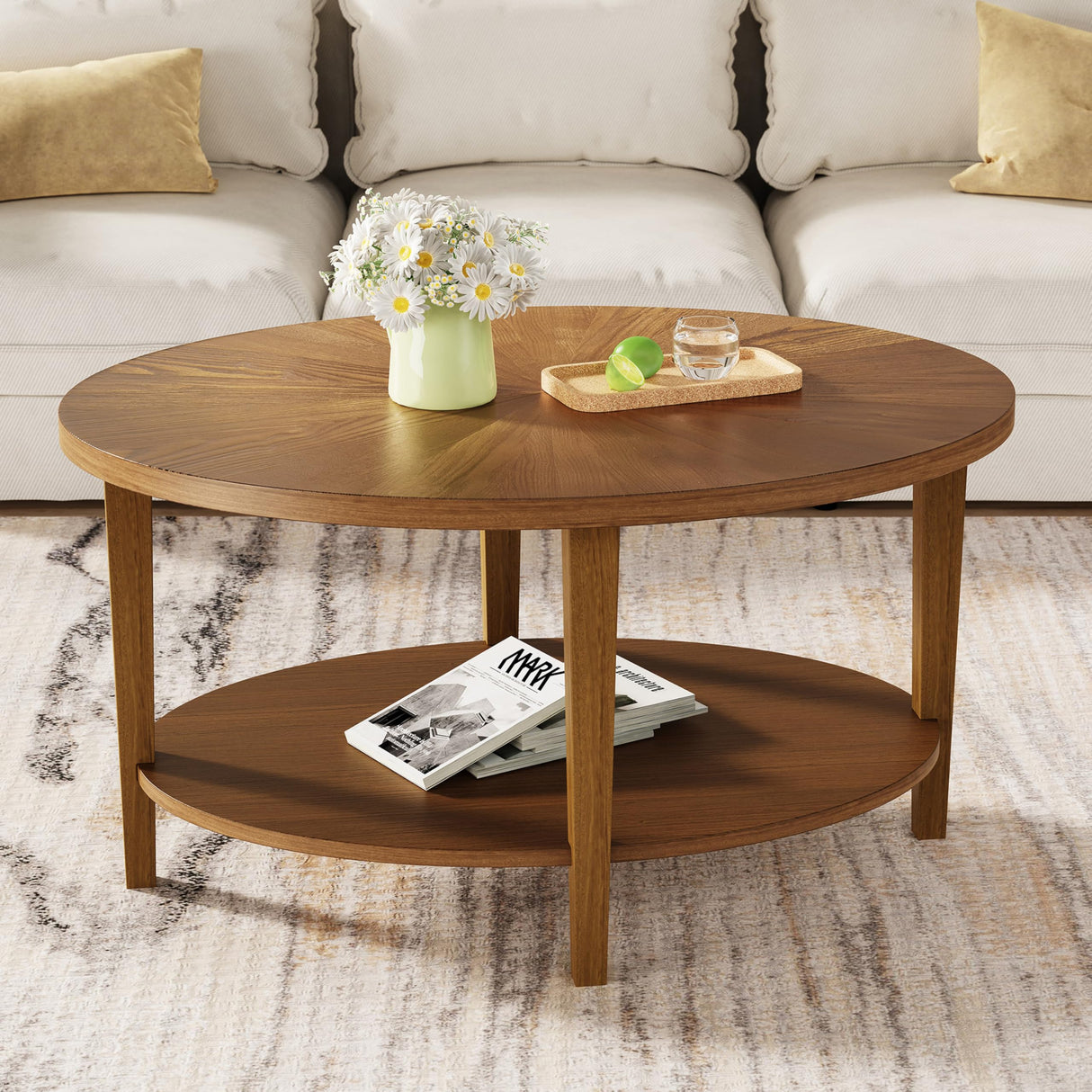 BRRITLE Solid Wood Oval Coffee Table for Living Room, 2 Tier Oval Rustic Coffee Table with Storage Shelf, Double Layer Center Table for Living Room, Easy Assembly Brown BRRITLE
