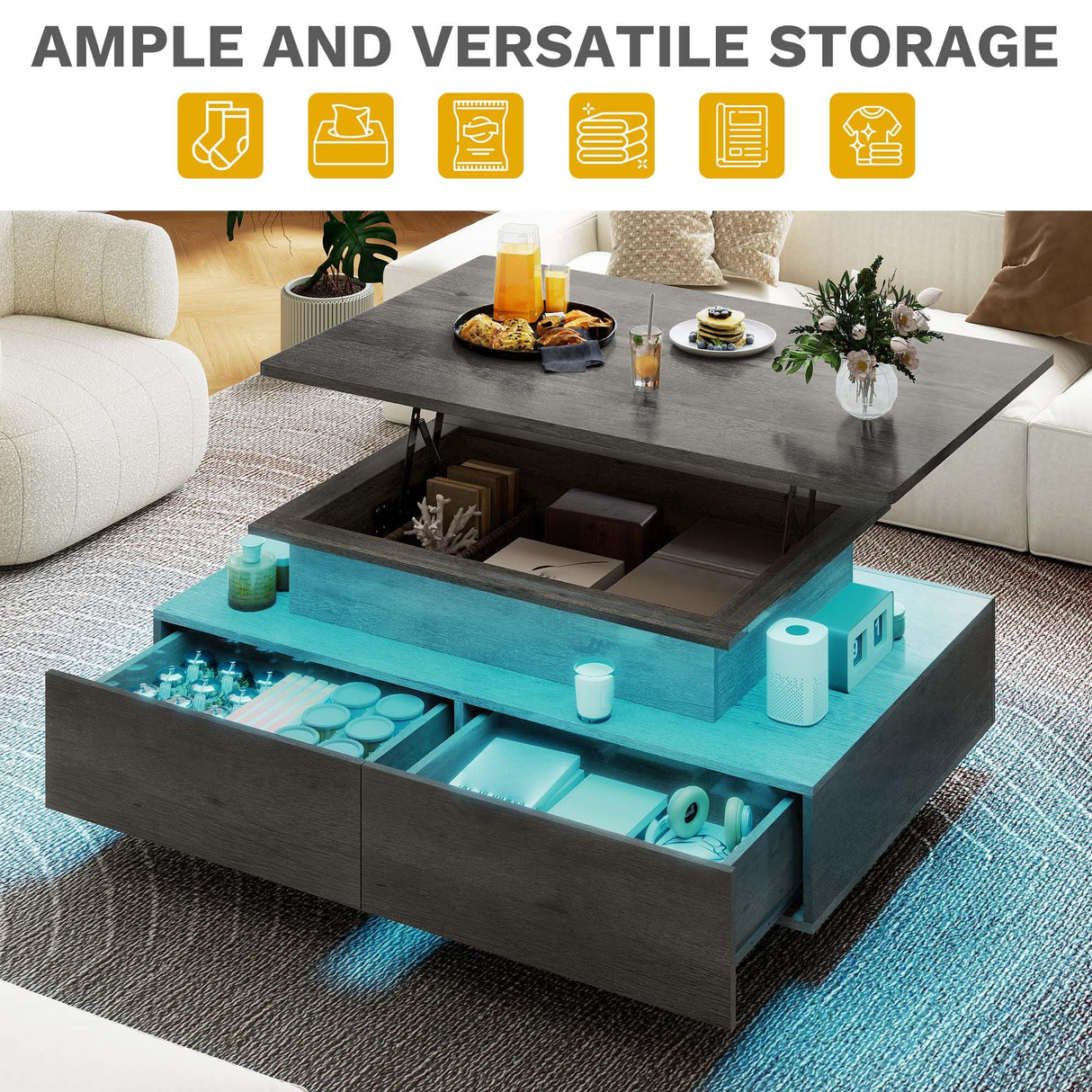 DWVO LED Lift Top Coffee Tables for Living Room, Rectangular Coffee Table with 4 Spacious Drawers, Modern Center Table with Lifting Top for Home Decor, Grey DWVO