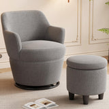 Ball & Cast Swivel Accent Arm Chair with Storage Ottoman, 360°-Swivel Barrel Chair and Footstool, Backrest Recliner Chair w/Ottoman, High Back Linen Single Sofa Side-Chair Stool w/Tray, Grey Ball & Cast