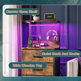 EKNKOZY Nightstand 5 Drawer Dresser with LED Lights, Charging Station, Metal Mesh Shelf with Hooks, Vertical Side Table with Fabric Drawers, End Table, Tall Dresser for Bedroom, Entryway, Rustic Brown EKNKOZY