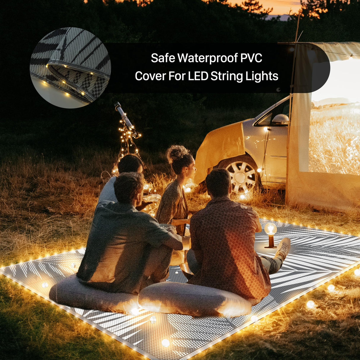 GENIMO Outdoor Rug 6' x 9' Waterproof for Patios Clearance, Reversible Outdoor Plastic Straw Camping Rug Carpet with LED String Light, Area Rugs Mats for RV, Camper, Deck, Balcony, Porch, Grey&White GENIMO