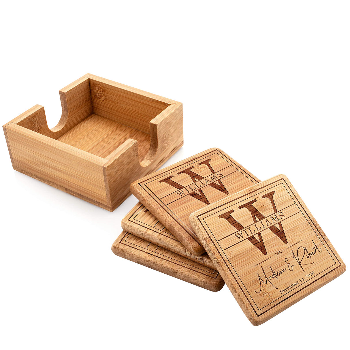 Personalized Coasters for Drinks, Set of 4, Laser Engraved Wedding Wooden Coaster w Holder | 14 Customizable Designs | - House Warming Presents for GIFTBYGIFTY