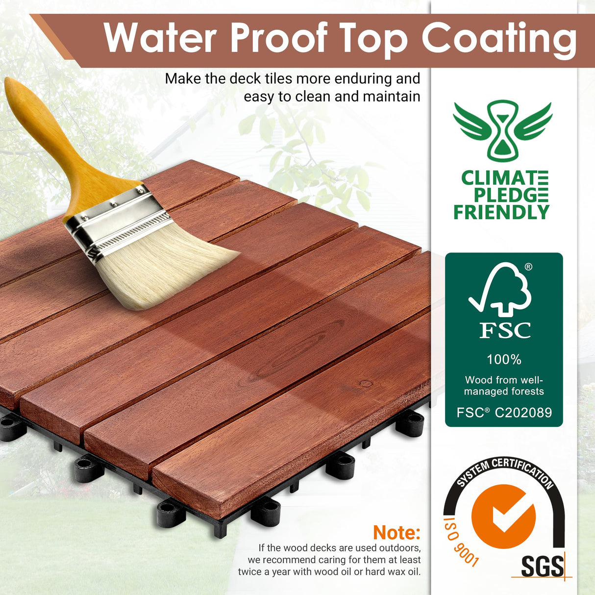 PrimeZone 27 PCS FSC Certified Acacia Wood Interlocking Patio Deck Tiles - 12" x 12" Indoor Outdoor Waterproof Flooring Tiles for Balcony, Backyard, Garden & Poolside, All Weather Use, Brown PrimeZone