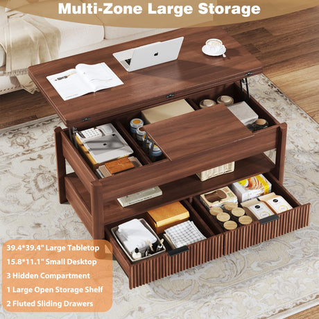 HUAHUU 40" Lift Top Coffee Table, 4 in 1 Square Coffee Table with Storage Shelf & 2 Drawers, Modern Coffee Tables with Lift Tabletop, Converts to Dining Table for Living Room, Home Office, Walnut HUAHUU
