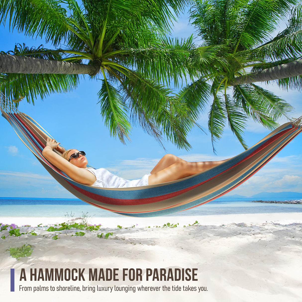 Sorbus® Brazilian Double Hammock - Extra-Long Two Person Portable Hammock Bed for Indoor or Outdoor Spaces - Hanging Rope, Carrying Pouch Included (Blue/Sand/Purple/Red Stripes) Sorbus