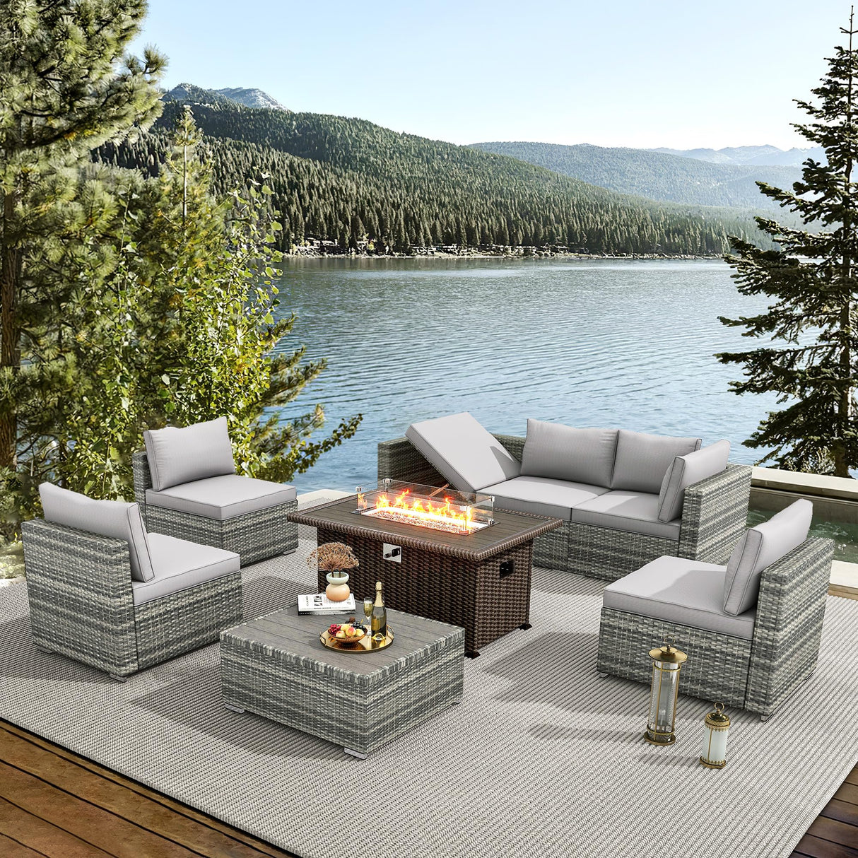 HOMREST 8 Pieces Outdoor Patio Furniture Set with 44" Propane Fire Pit Table, PE Rattan Sectional Sofa Conversation Set w/Adjustable Bracket,Wood Coffee Table for Backyard (Grey) HOMREST