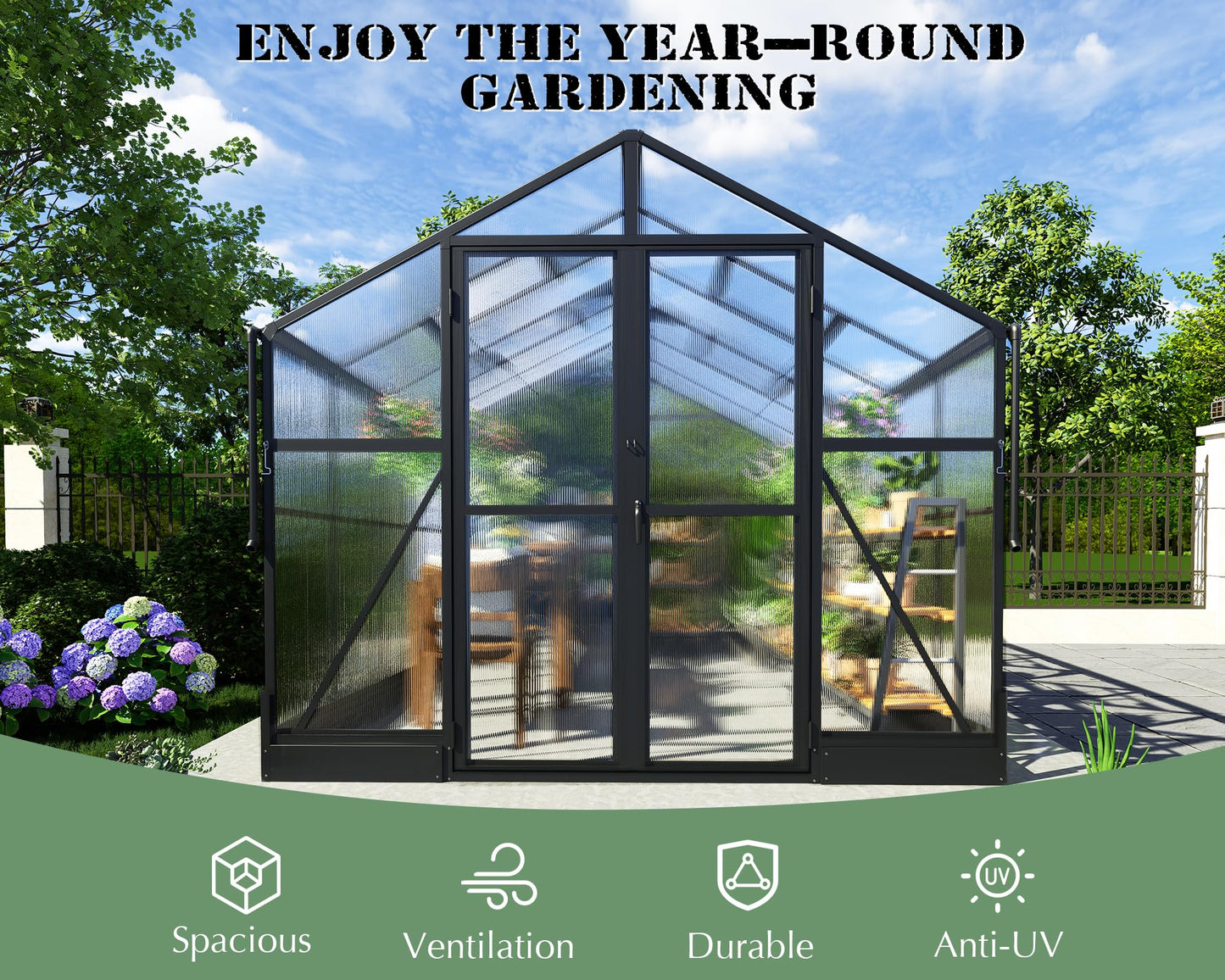 Albott 8x12x7FT Polycarbonate Greenhouse, Green House with Quick-Connect System, Walk in Greenhouse with 4 Vent Windows and Swing Lockable Door, Greenhouses for Outdoors, Sunroom Black