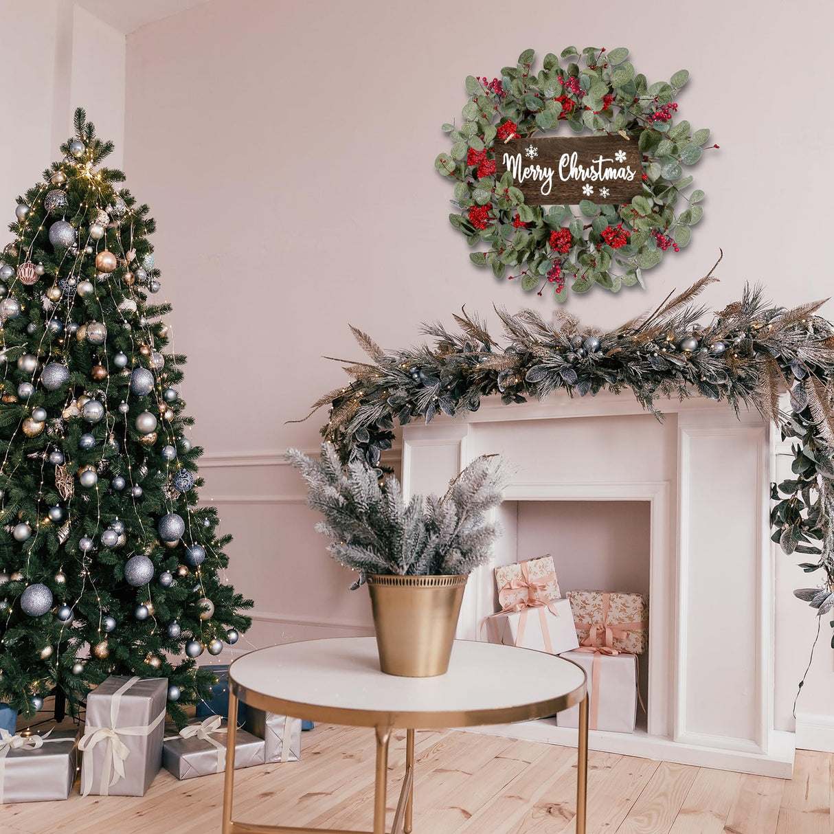 Sggvecsy 18 Inch Artificial Christmas Wreath for Front Door Xmas Red Berry Wreath Winter Glitter Eucalyptus Wreath Christmas Hanging Decorations for Wall Home Window Holiday OutdoorDecor Sggvecsy