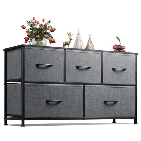 WLIVE Dresser for Bedroom with 5 Drawers, Wide Chest of Drawers, Fabric Dresser, Storage Organizer Unit with Fabric Bins for Closet, Living Room, Hallway, Dark Grey WLIVE