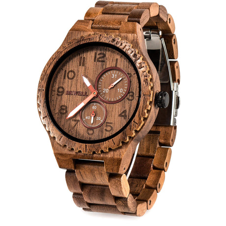 BEWELL Mens Wood Watch Quartz Analog Date Display Luminous Retro Handmade Wooden Wristwatch for Men (Walnut) BEWELL