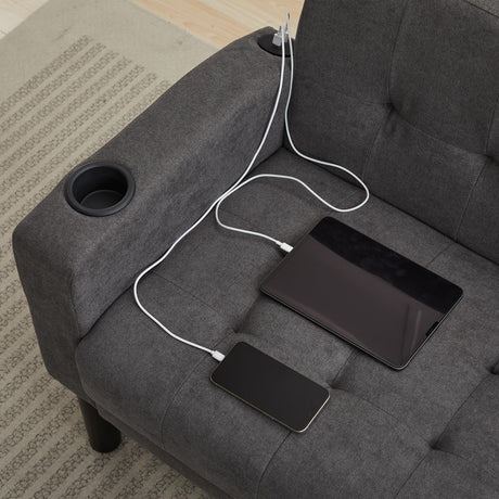 TYBOATLE 62 Inch Linen Upholstered Tufted Mid-Century Modern Loveseat Sofa w/ 2 USB Charger Ports and 2 Cupholders, Small Love Seat Couches for Living Room, Bedroom, Apartment, Dorm (Dark Grey) TYBOATLE