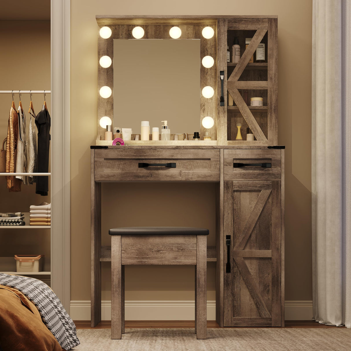 NEDYO Vanity with Mirror and Lights, Farmhouse Vanity Desk, Makeup Vanity Table Set, Small Wood Vanity with Chair, Vintage Large Light Bulbs Dimmable Mirror, Shelves and Drawers. Oak NEDYO