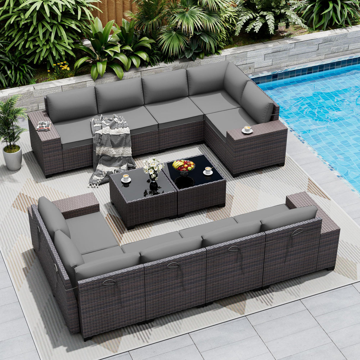 ASJMR Outdoor Patio Furniture Set, 12 Pieces Outdoor Sectional Furniture High Backrest Patio Sofa, All-Weather PE Rattan Patio Conversation Set with Coffee Table & Cushions(Grey). ASJMR