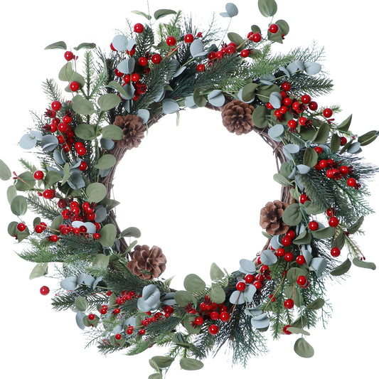 DIYFLORU 20 Inches Christmas Wreath Winter Wreaths Artificial Christmas Wreaths for Front Door Christmas Berry Wreath with Pine Needles Pine Cones Red Berries for Home Window Porch Winter Decorations