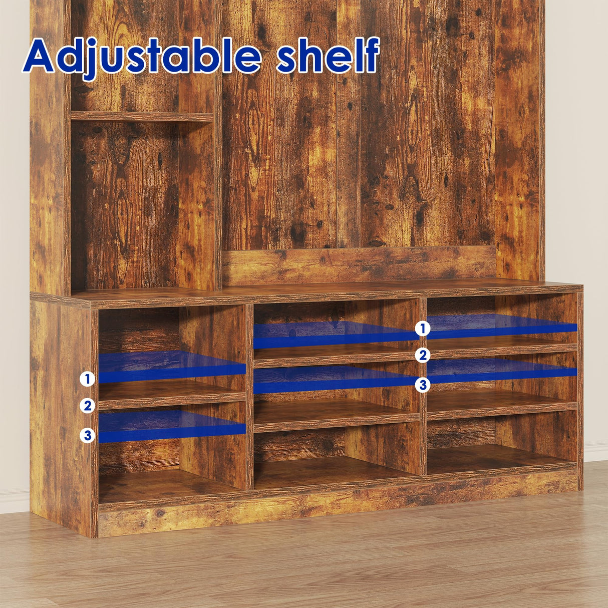 Nosepen Hall Tree with Bench and Shoe Storage, 5-in-1 Entryway Storage Bench, Shoe Rack with Coat Rack, 8 Shoe Cubbies & 5 Coat Hooks, Adjustable Shelf, Top and Side Storage, Rustic Brown Nosepen