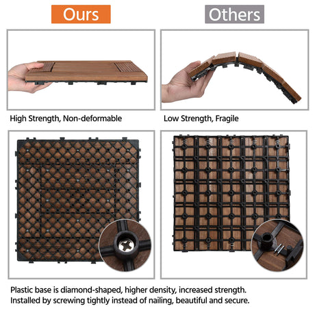 Yaheetech 27PCS Wooden Flooring Patio Deck Tiles Interlocking Tiles Patio Solid Wood and Plastic Indoor&Outdoor 12 x 12in Brown Yaheetech