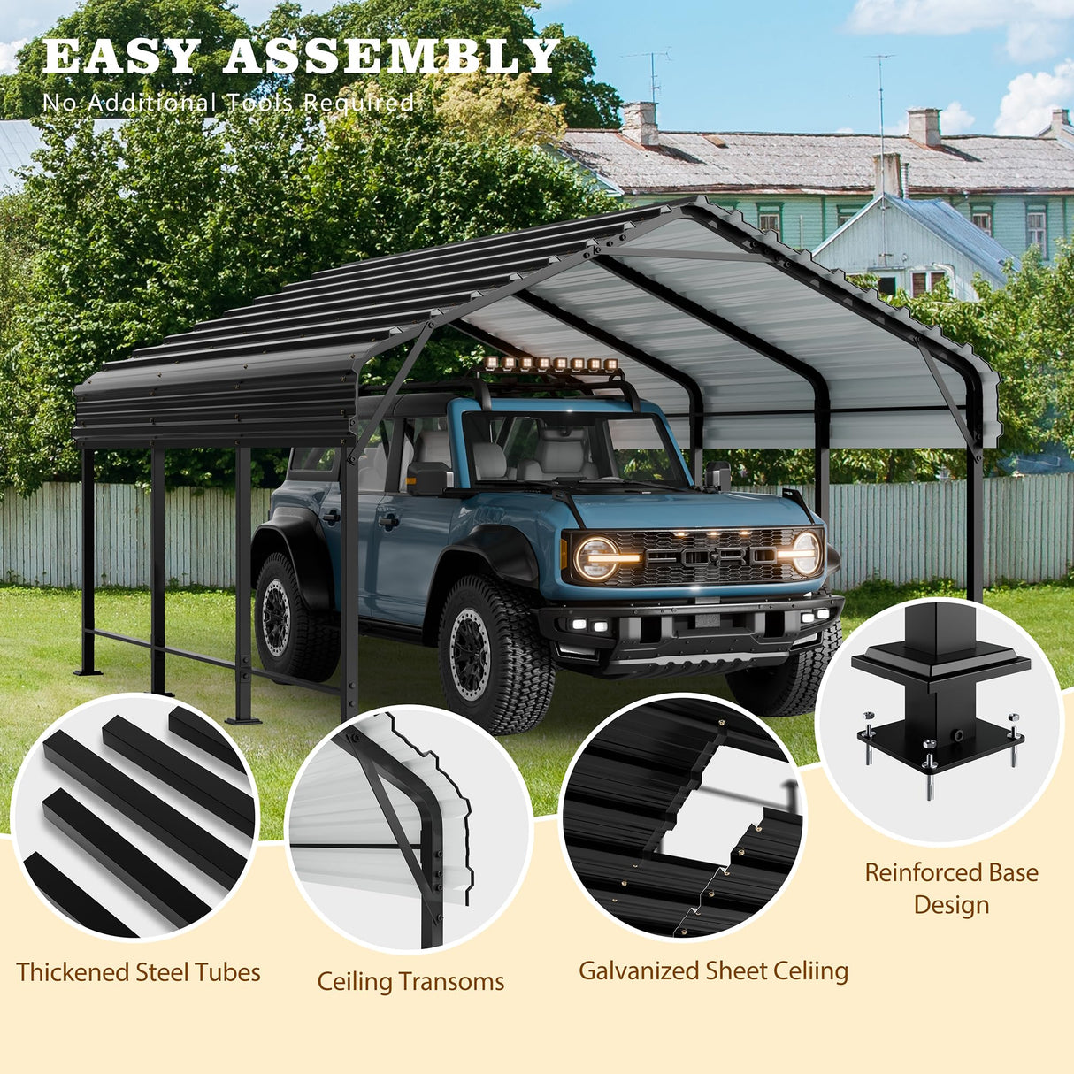 Walsunny Metal Carport 12x15 FT Heavy Duty Carport Canopy with Enhanced Base, Outdoor Car Shelter with Galvanized Steel Roof and Frame Garage for Truck, SUV, Boat, Gray Walsunny