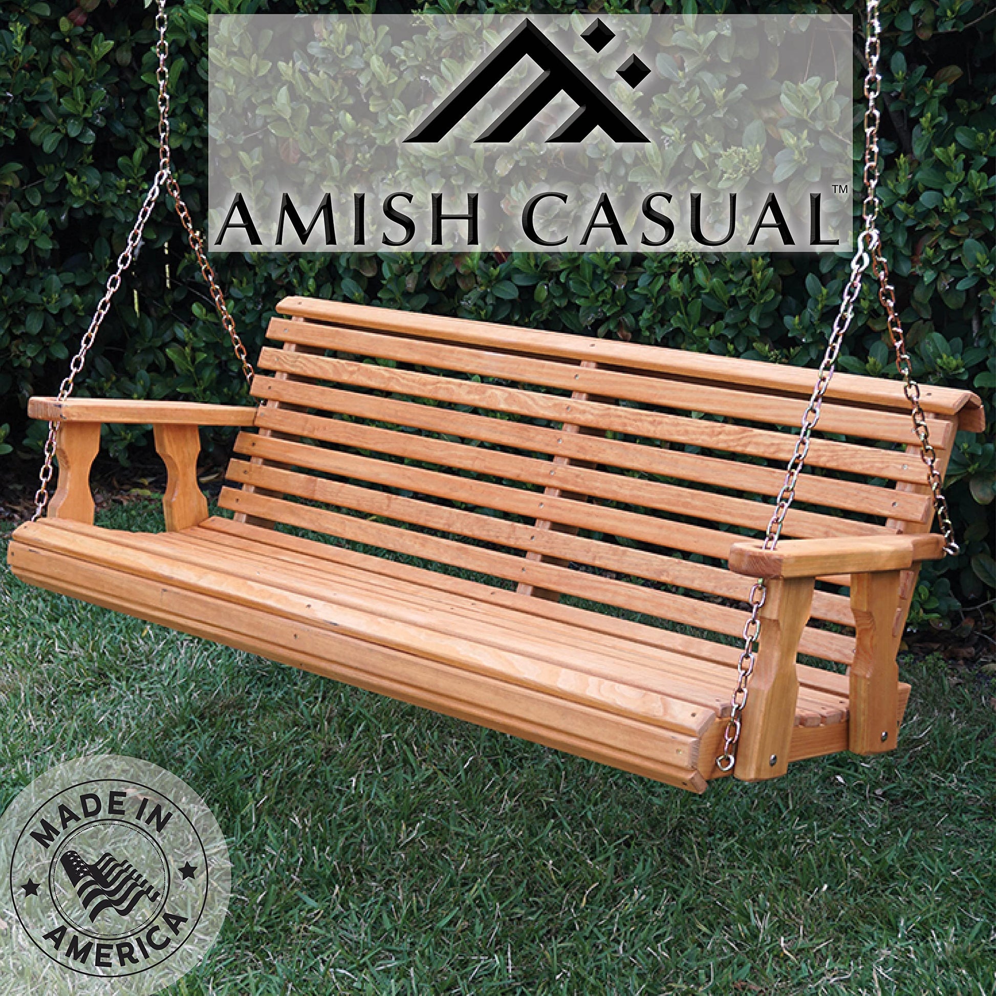 Amish Casual Heavy Duty 800 Lb Roll Back Treated Porch Swing with Hanging Chains (4 Foot, Cedar Stain) - WoodArtSupply