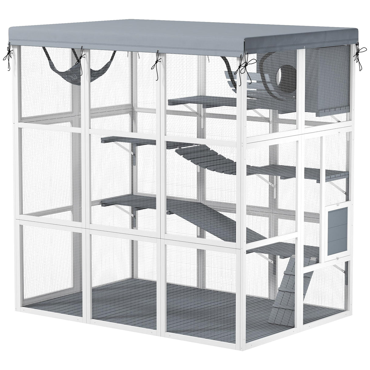 PawHut Catio Outdoor Cat Enclosure, Large Luxury Cat House Outside with Hammock, Condo, Jump Platforms, Ladders, Ramps, Tarp, Walk in Cat Cage for 2-4 Large Cats, 71" PawHut