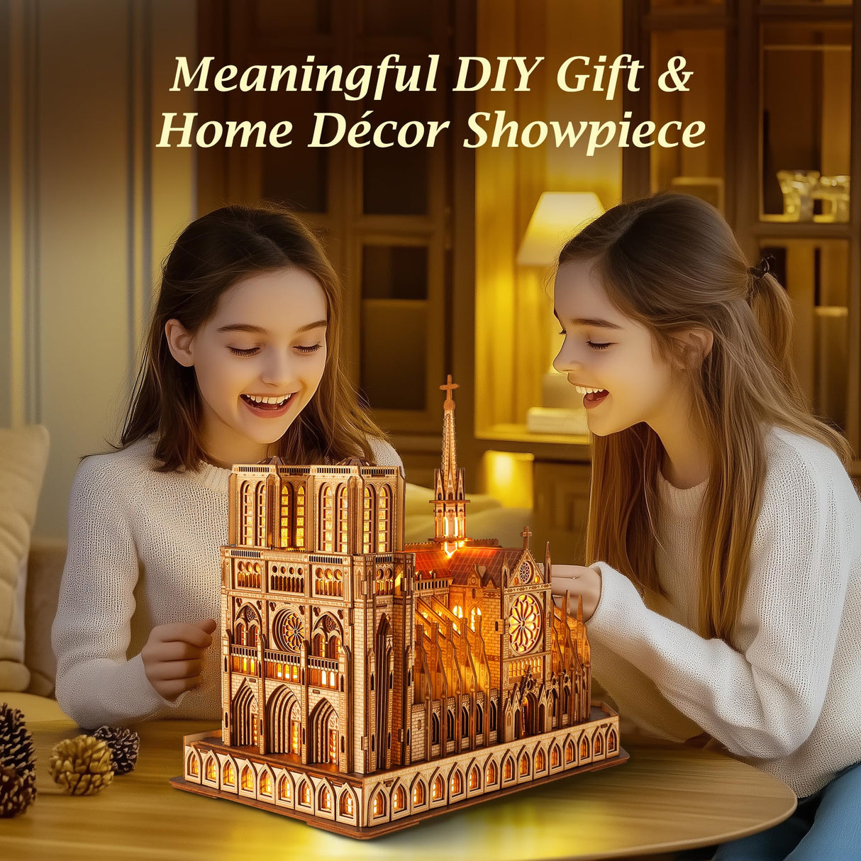 FUNPOLA LED 3D Wood Puzzle - Notre Dame de Paris Architecture Model-Night Edition with LED Lighting- DIY Building Model Craft Kit, Architecture Building Set FUNPOLA